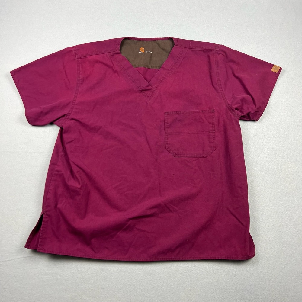 Carhartt Mens L Burgundy Scrub Top V-Neck Short Sleeve Pocket Utility C10001